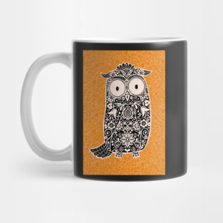 Black and White Folk Art Owl on orange floral background Mug